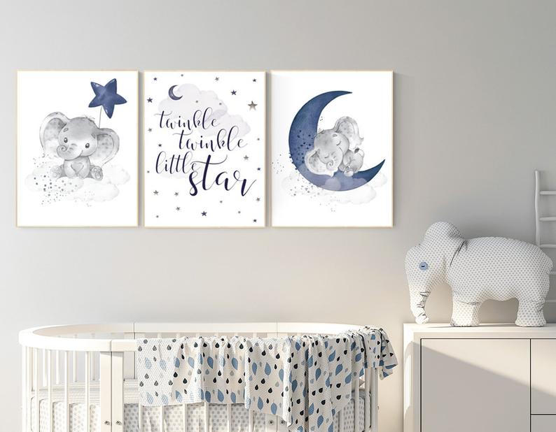 Nursery decor elephant, navy nursery decor, twinkle twinkle little star, moon and stars, navy blue nursery art. baby room, elephant nursery