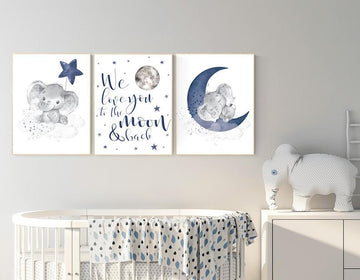 Nursery decor boy elephant, navy nursery decor, we love you to the moon and back, moon and stars