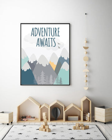 Nursery decor boy mountains adventure, nursery wall art woodland, adventure awaits nursery