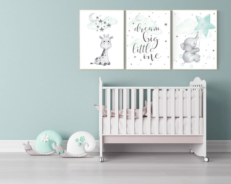 Mint nursery decor, gender neutral, giraffe nursery wall art, elephant nursery, dream big little one