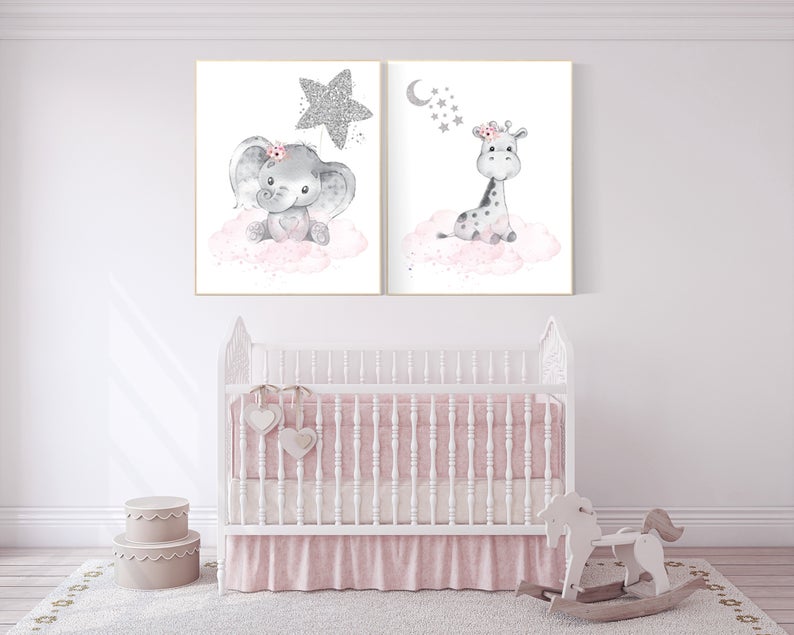 Animal nursery for girl, animal prints, pink silver, elephant, giraffe, girl nursery ideas, woodland