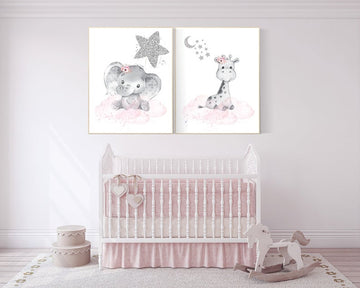 Animal nursery for girl, animal prints, pink silver, elephant, giraffe, girl nursery ideas, woodland