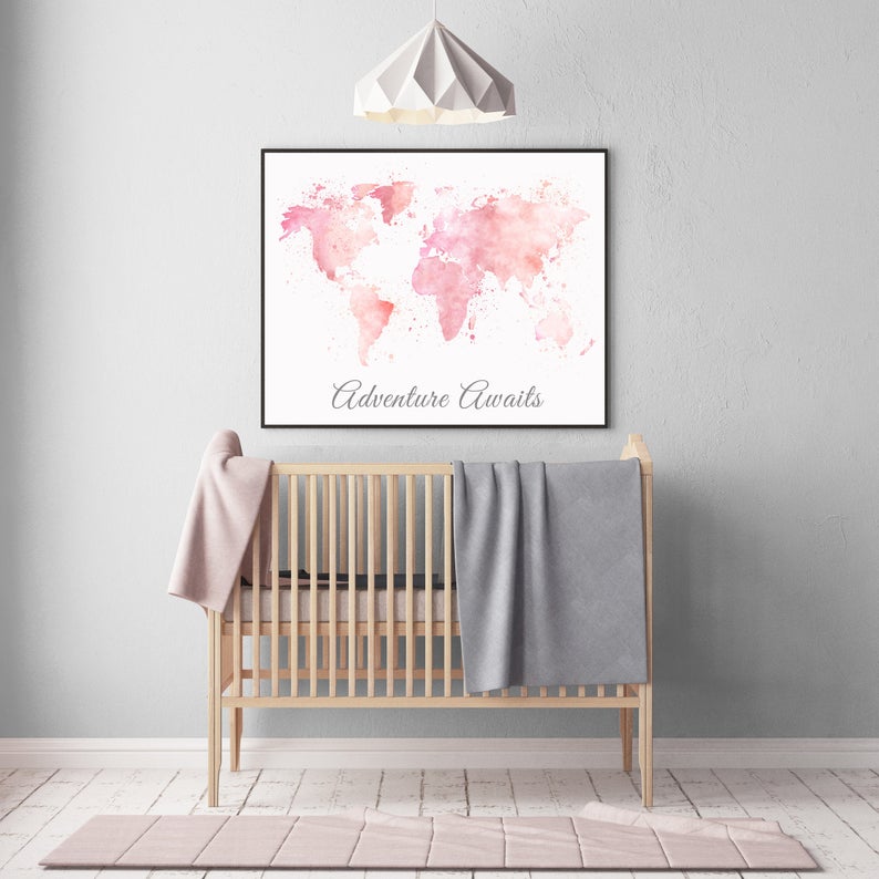Adventure awaits, blush pink watercolor world map, Nursery baby girl room, nursery wall art map