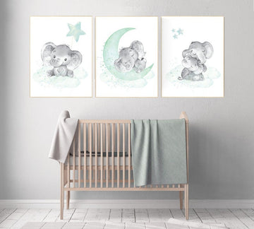 Elephant nursery art, elephant nursery print, mint nursery decor, cloud stars nursery gender neutral