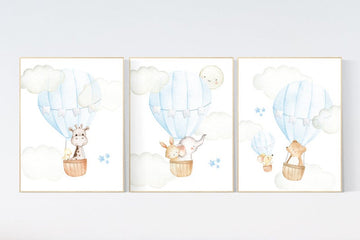 Nursery decor boy adventure, blue nursery, hor air balloon, woodland animals, elephant