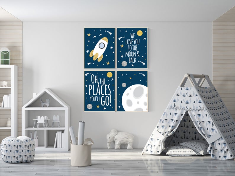 Nursery decor boy space, Space themed nursery, outer space nursery, space print, boys nursery ideas, planets, moon, rocket, navy nursery