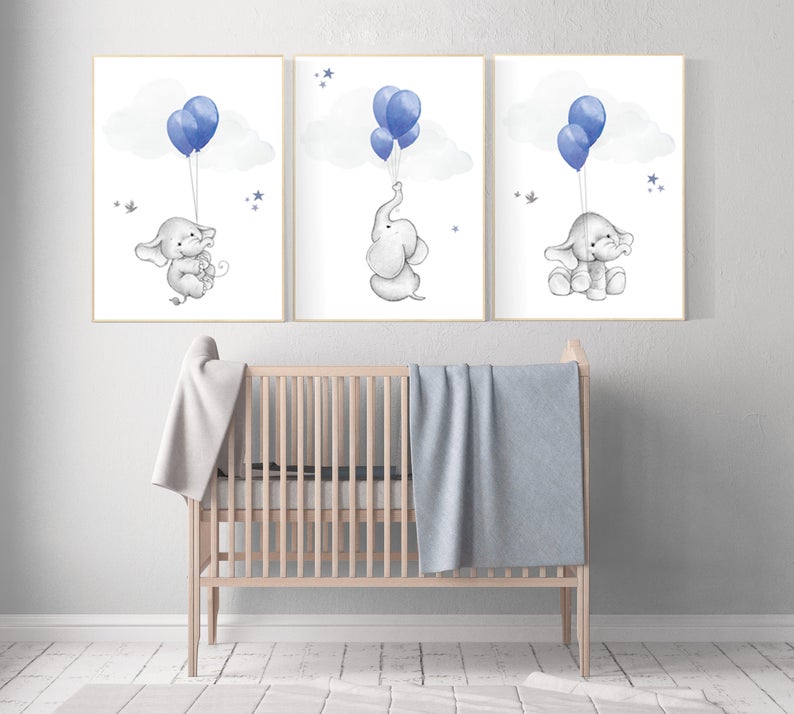 Nursery decor boy elephant, navy nursery wall art, elephant balloon print, navy blue, navy gray
