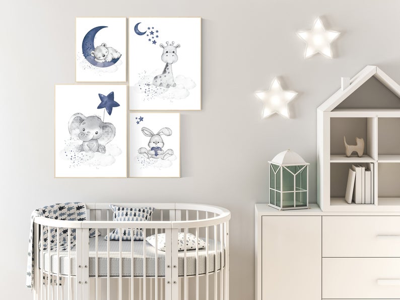Navy nursery, Nursery decor boy elephant, giraffe, boy nursery walll decor, moon and stars, navy nursery, boy nursery art, animal prints