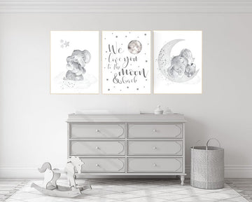 Grey nursery wall art, nursery wall art elephant, moon and stars, gender neutral