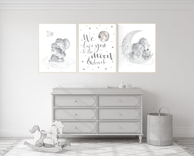 Grey nursery wall art, nursery wall art elephant, moon and stars, gender neutral