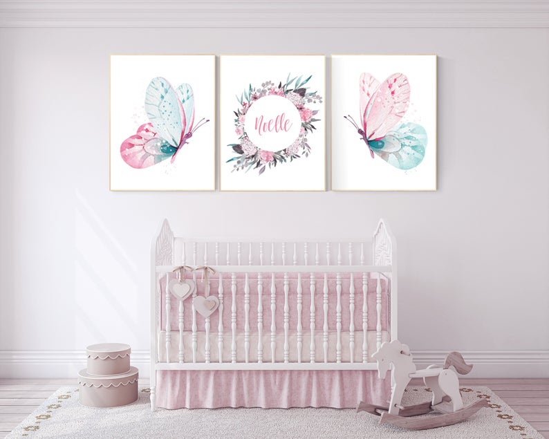 Nursery decor girl butterfly, pink and teal, pink teal nursery, nursery girl ideas, butterflies
