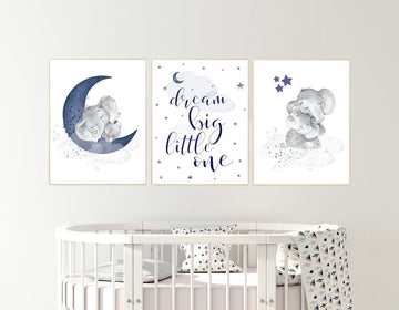 Nursery decor elephant, nursery decor boy navy blue, dream big little one, moon and stars