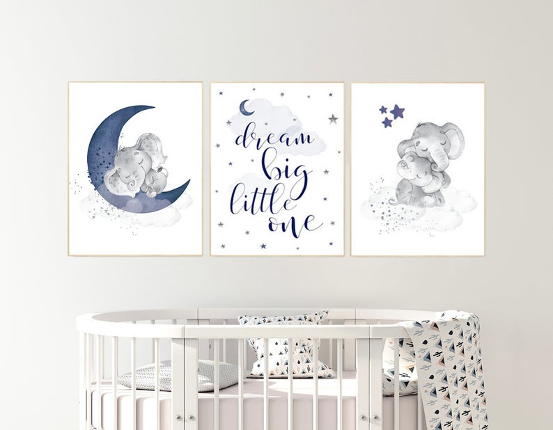 Nursery decor elephant, nursery decor boy navy blue, dream big little one, moon and stars