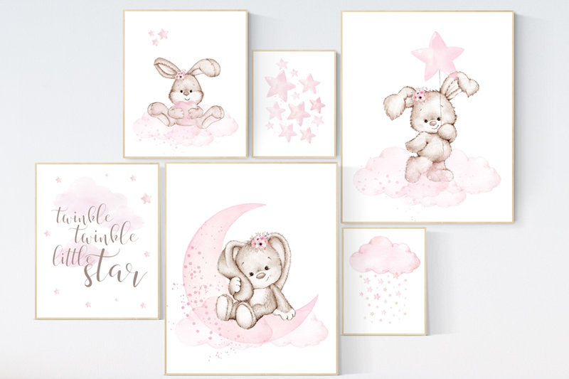 Nursery wall art girl, Rabbit nursery print, Nursery decor girl flower bunny, Bunny wall art