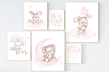 Nursery wall art girl, Rabbit nursery print, Nursery decor girl flower bunny, Bunny wall art