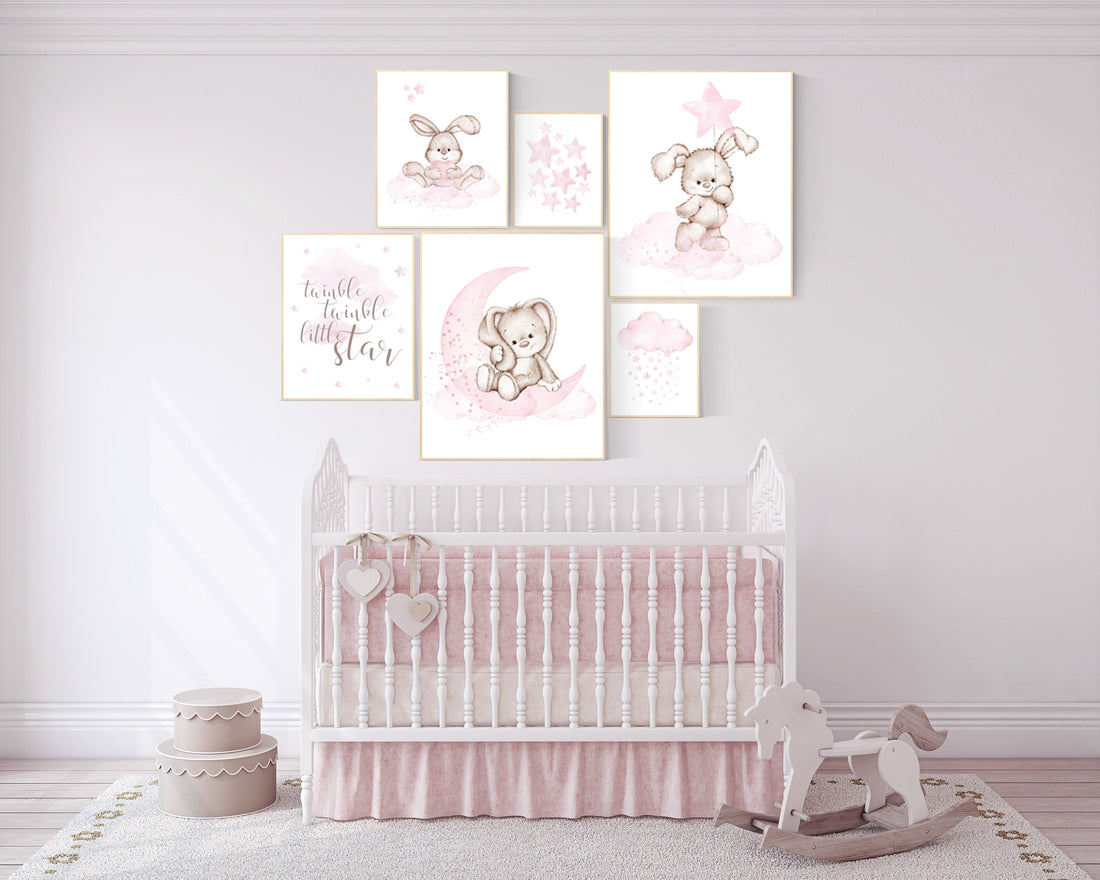 Nursery wall art girl, Rabbit nursery print, Nursery decor girl bunny, nursery print set girl