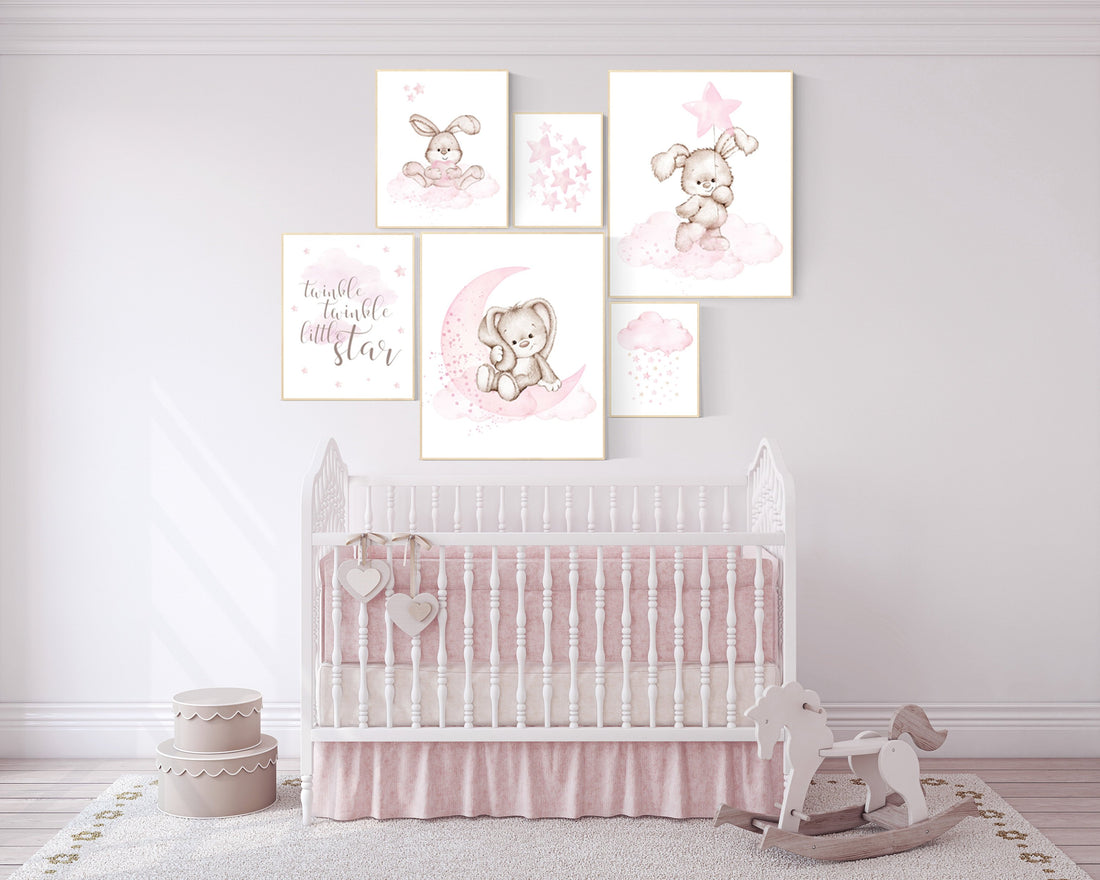 Nursery wall art girl, Rabbit nursery print, nursery print set