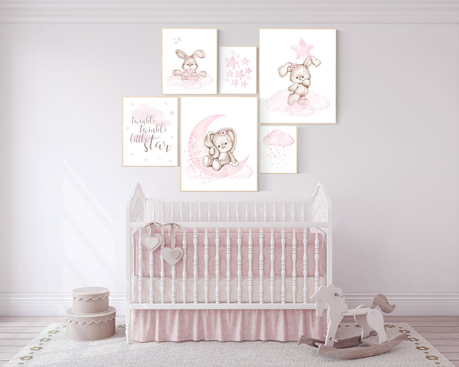 Nursery wall art girl, Rabbit nursery print, Nursery decor girl flower bunny, Bunny wall art