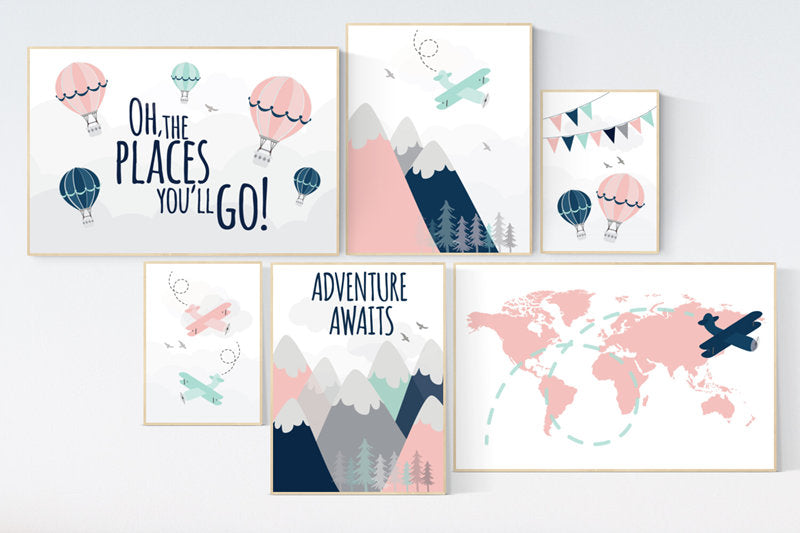 Adventure nursery , blush mint navy, mountain, airplane, world map, adventure awaits hot air balloon