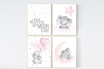 Nursery decor elephant, Nursery decor girl, pink and gray nursery, pink nursery art, cloud and star nursery, elephant nursery