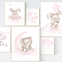 Nursery wall art girl, Rabbit nursery print, Nursery decor girl bunny, nursery print set girl