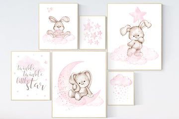 Nursery wall art girl, Rabbit nursery print, Nursery decor girl bunny, nursery print set girl