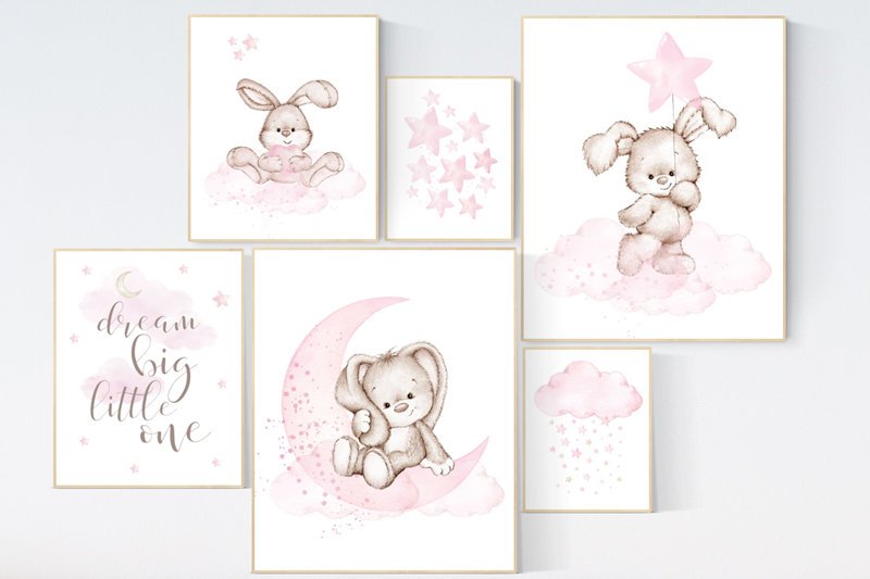 Rabbit nursery print, nursery print set girl, pink, watercolor bunny nursery print