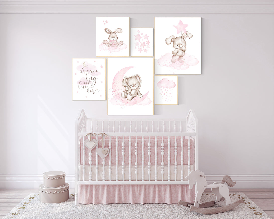 Rabbit nursery print, nursery print set girl, pink, watercolor bunny nursery print