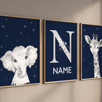 Nursery decor elephant and giraffe, animal nursery prints, navy nursery, navy blue nursery, baby room wall art, woodland animal prints