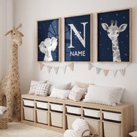 Nursery decor elephant and giraffe, animal nursery prints, navy nursery, navy blue nursery, baby room wall art, woodland animal prints