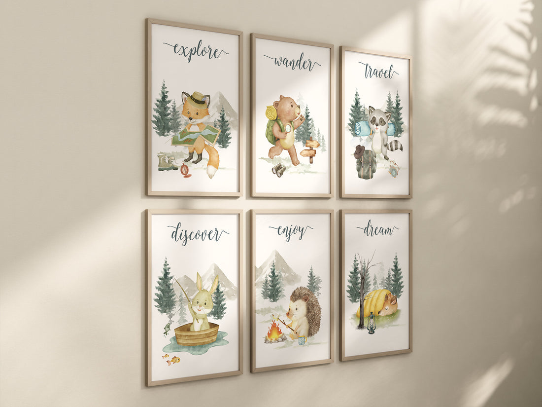 Camping prints, camp animals, woodland animals, gender neutral, Camping nursery, camp nursery, Adventure Nursery Decor, travel nursery