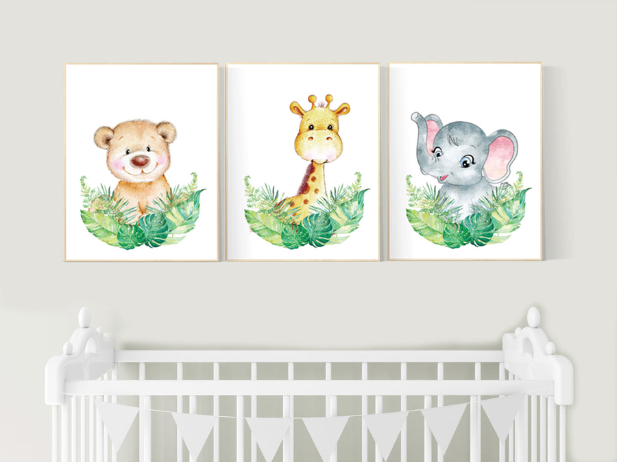 Nursery decor floral jungle, nursery decor animals, Nursery wall art girl elephant, giraffe, bear