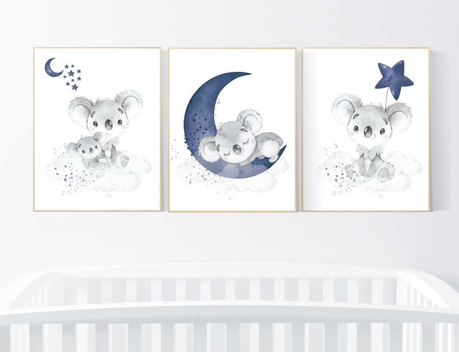 Navy nursery decor, koala nursery, moon and stars, navy blue nursery