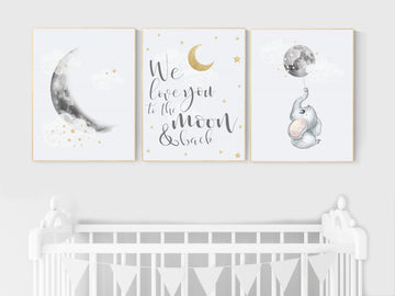 Nursery wall art grey, gray gold nursery, moon nursery, elephant, gender neutral nursery decor, moon