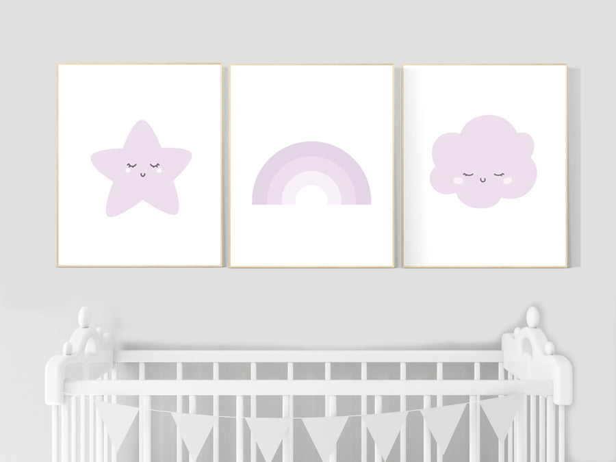 Nursery prints rainbow, Nursery decor girl purple, lilac nursery, nursery wall art girl, moon star