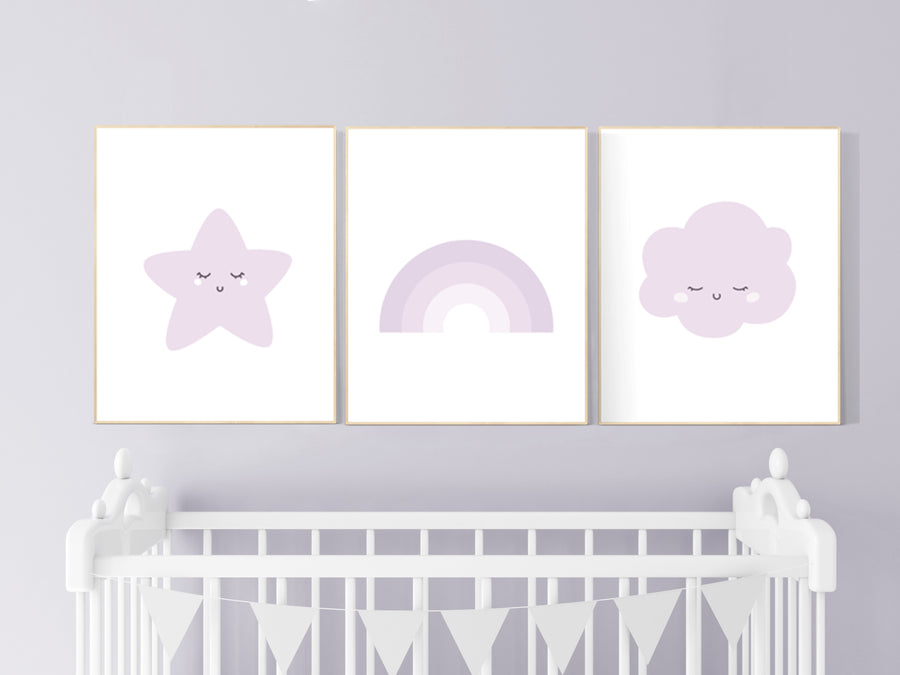 Nursery prints rainbow, Nursery decor girl purple, lilac nursery, nursery wall art girl, moon star