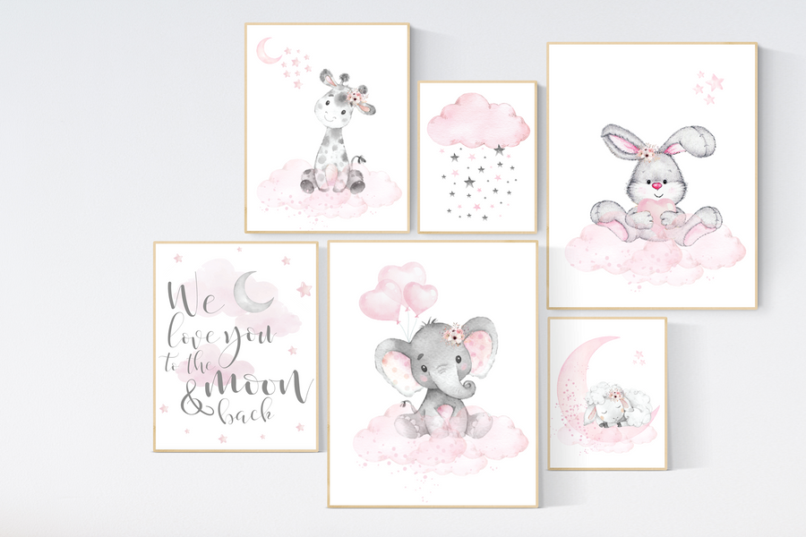 Nursery decor girl, Animal nursery, elephant, bunny, giraffe, sheep, Pink nursery, animal prints