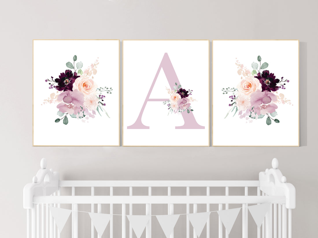 Nursery decor girl purple, mauve, Burgundy, floral nursery, flower nursery, butterfly