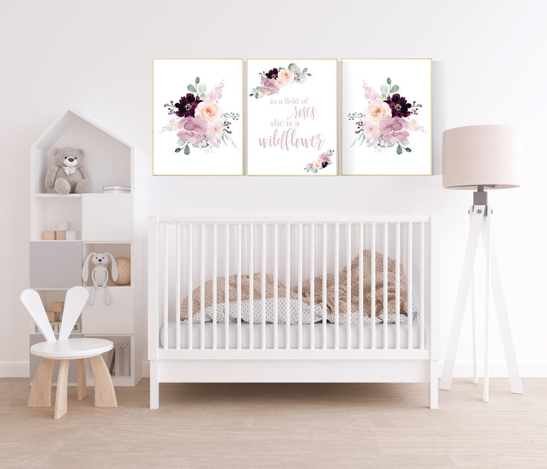 Nursery decor girl purple, mauve, Burgundy, floral nursery, flower nursery, butterfly, nursery print