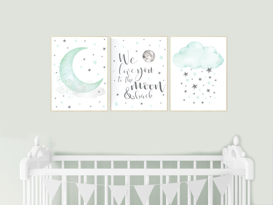 Mint nursery decor, gender neutral nursery, we love you to the moon and back, mint green, moon stars