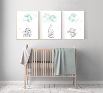 Mint nursery wall art, gender neutral, elephant nursery wall art, animal prints, elephant balloon