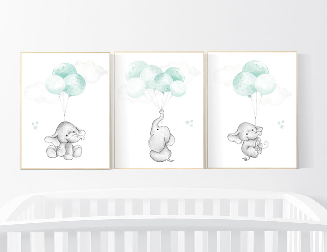 Mint nursery wall art, gender neutral, elephant nursery wall art, animal prints, elephant balloon