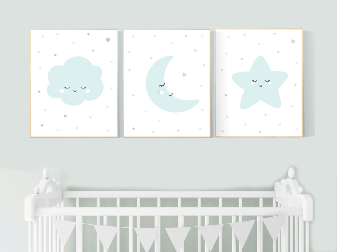 Mint nursery decor, nursery wall art stars, gender neutral nursery, moon and stars , mint green