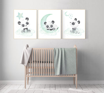 Panda nursery, mint nursery decor, gender neutral prints, mint nursery wall art, panda prints