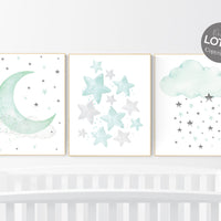 Mint and gray nursery wall art, mint green nursery decor, moon and stars nursery