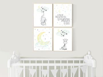 Nursery decor giraffe, elephant, gender neutral, mint yellow, we love you to the moon and back, nursery wall art, moon nursery, mint green