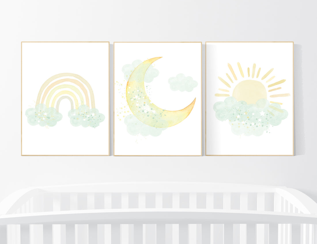 Mint and yellow nursery, moon and stars nursery, gender neutral nursery, nursery wall decor, rainbow