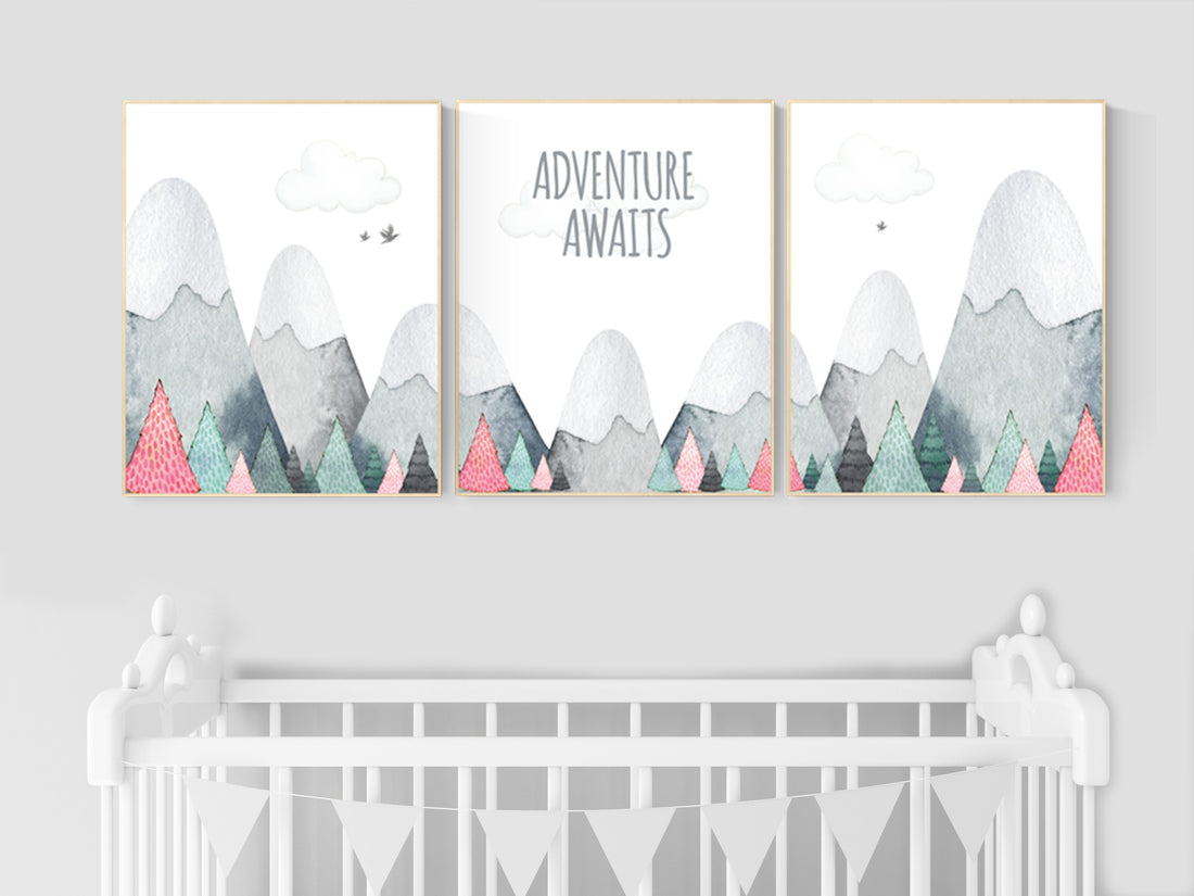 Nursery decor girl mountain, adventure nursery, adventure theme nursery, woodland, gender neutral