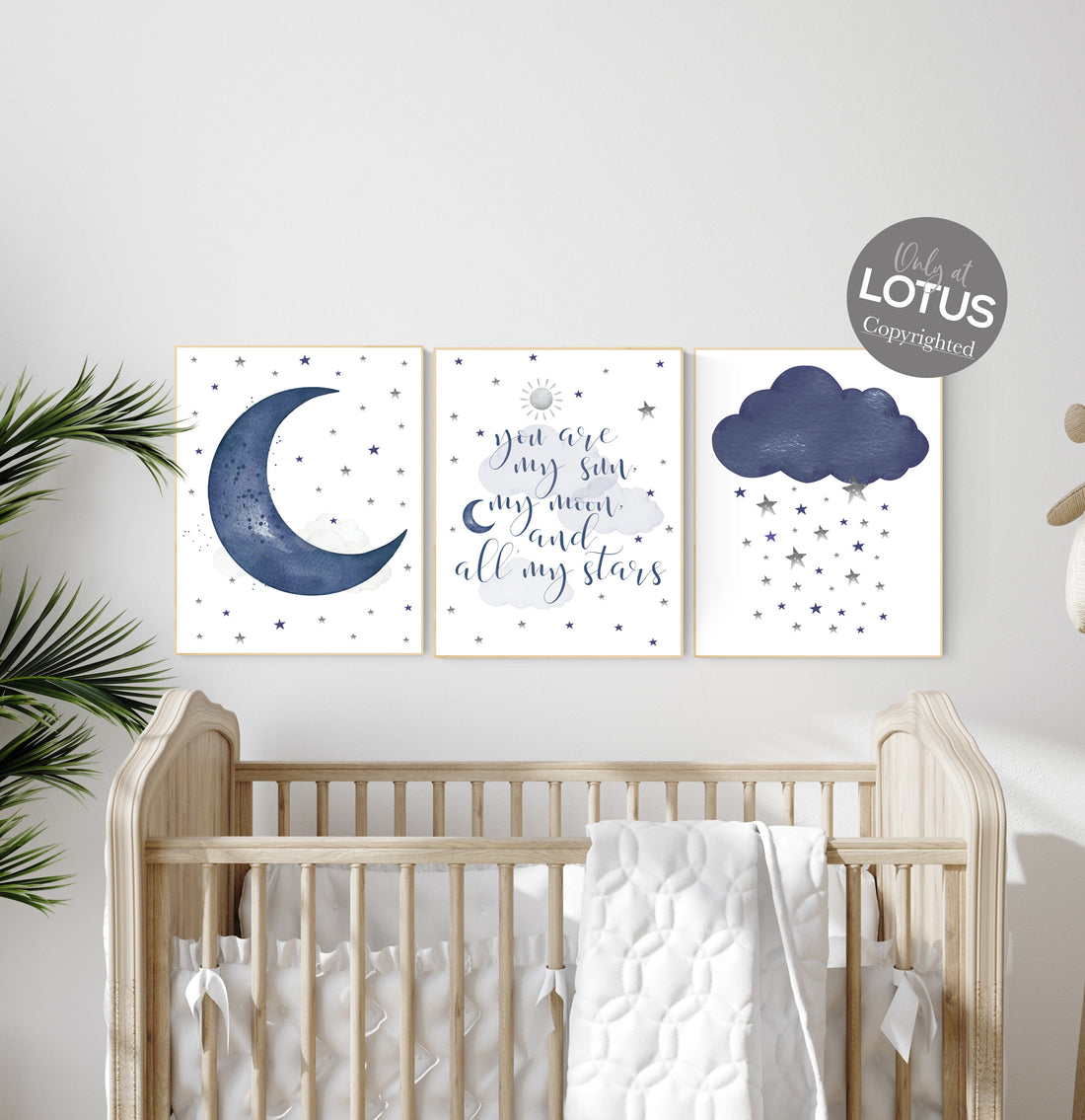 Lullaby Moon and Stars Nursery Childrens Decor Dark Blue Cotton Fabric