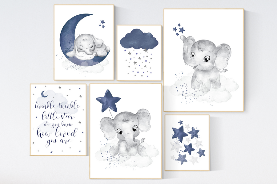 Nursery decor boy navy, elephant nursery wall art, navy Blue, moon and stars, navy nursery